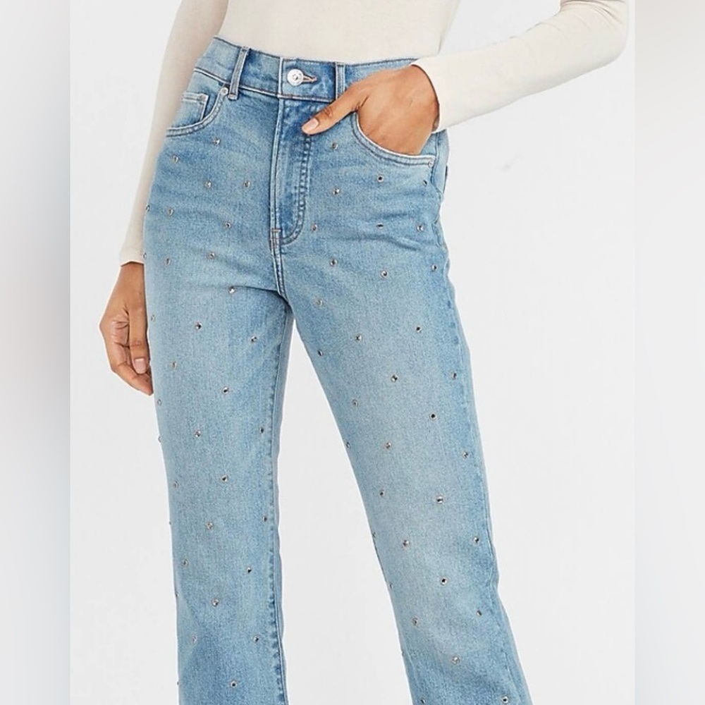 Express High Waisted Embellished Dot Cropped Flare Jeans